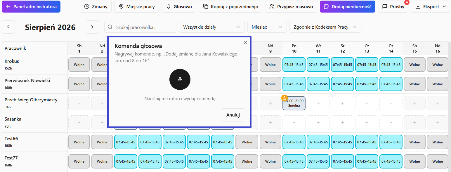 Panel grafiku pracy UnitagAtt z otwartym oknem komendy głosowej do dodawania zmian