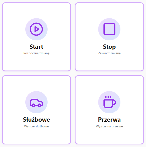 Panel wyboru akcji rejestracji czasu pracy - Start, Stop, Służbowe, Przerwa